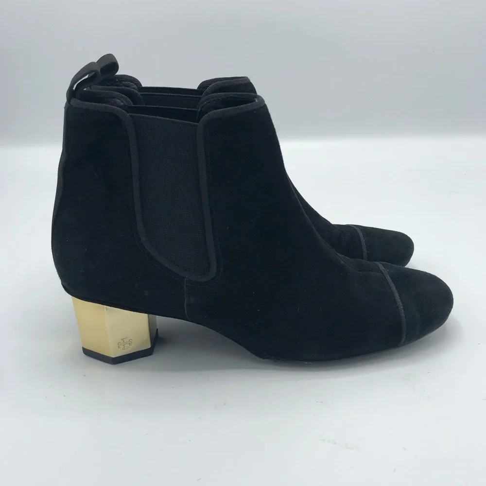 TORY BURCH Regina Suede Ankle Boot Bootie Black Gold Hexagon Heeled Boots 6 Tory